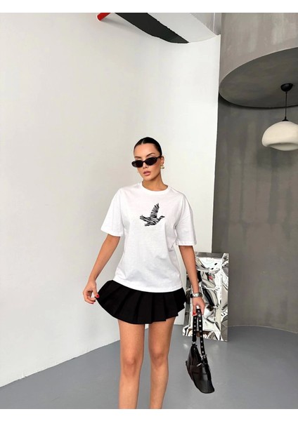 Kadın Yeni Sezon Rahat Konfor Modeli Baskılı Yarım Kollu Pamuklu 4 Mevsim Oversize T-Shirt