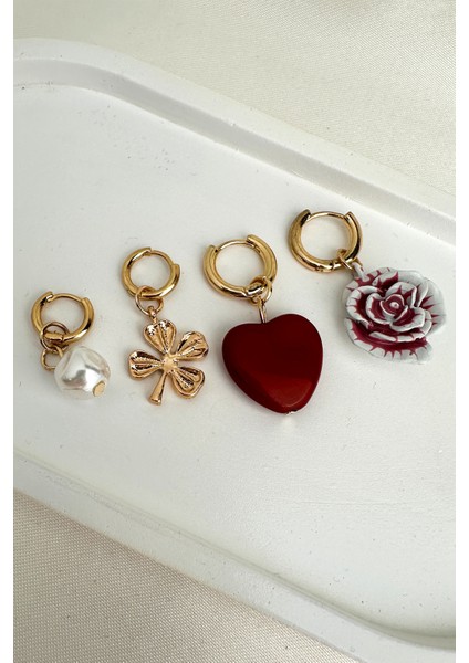 Kırmızı Kalp Gül Inci Yonca Detay Sallantılı Üçlü Küpe Seti
