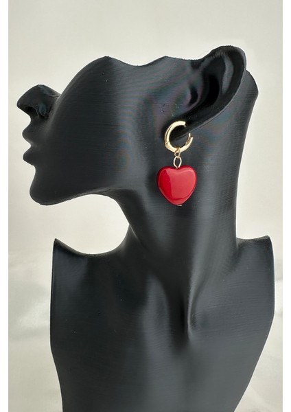 Kırmızı Kalp Gül Inci Yonca Detay Sallantılı Üçlü Küpe Seti modelleri