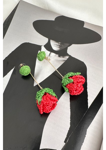 Yeşil Yaprak Örgü Sallantılı Gül Küpe (8cm) modelleri