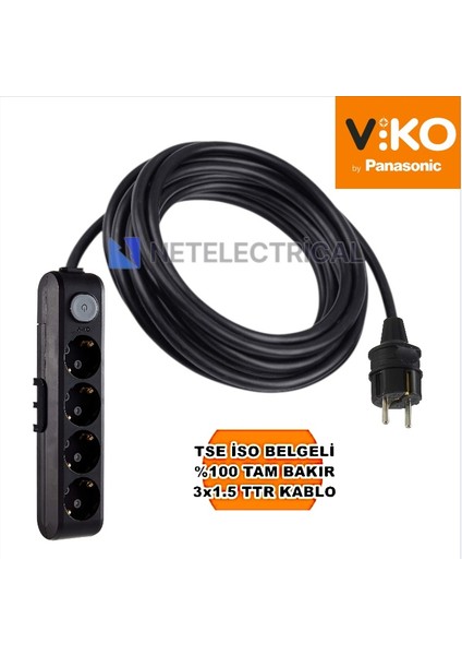 Multi-Let | Dörtlü 30 Metre Anahtarlı Topraklı Çocuk Korumalı Grup Priz - 4'lü, 30 M, Siyah 3x1.5 Ttr (Tam Bakır) Kablolu