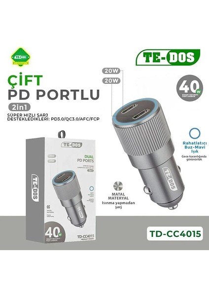 Te-Dos Çift Pd Type-C Çıkışlı 40W Araç Çakmaklık Şarj Cihazı