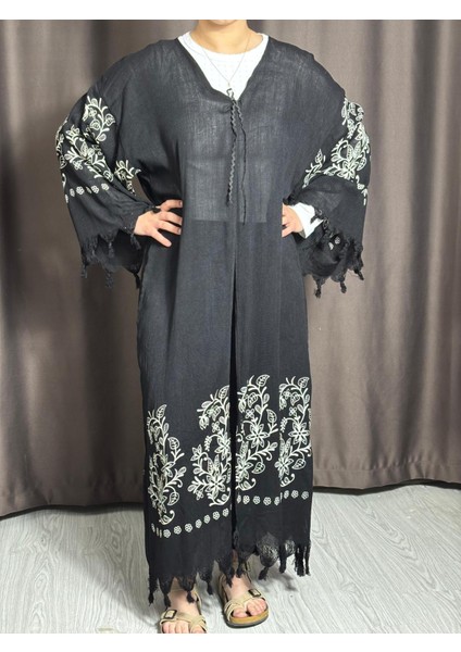 Siyah Renkli Desenli Uzun Kaftan – Pamuklu Püsküllü Plaj ve Günlük Kimono