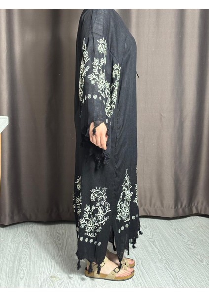 Siyah Renkli Desenli Uzun Kaftan – Pamuklu Püsküllü Plaj ve Günlük Kimono indirimleri
