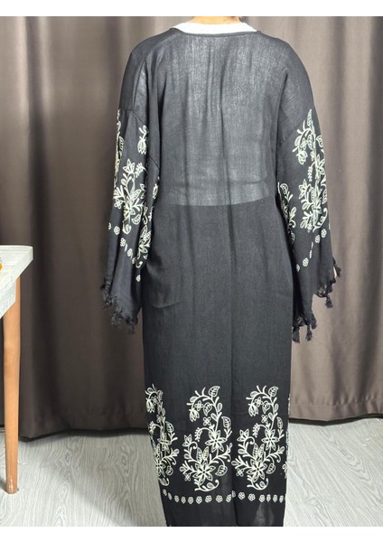 Siyah Renkli Desenli Uzun Kaftan – Pamuklu Püsküllü Plaj ve Günlük Kimono