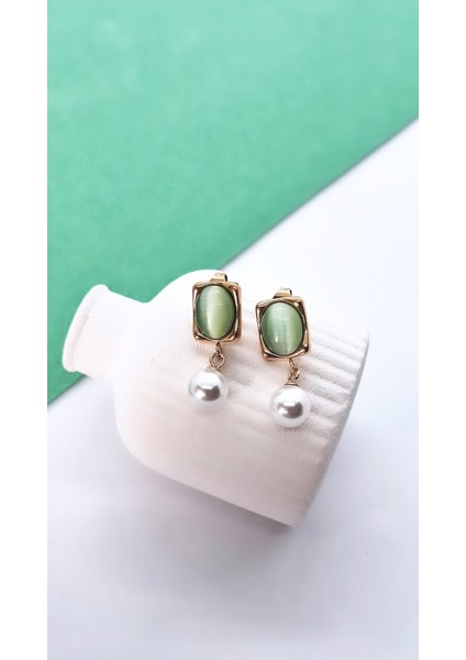 Opal Taşlı Kare Figür Incili Çelik Küpe modelleri