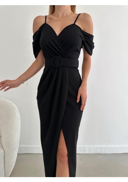 Rengastyle Omuz Detaylı Kemerli Önden Yırtmaç Detaylı Ithal Krep Abiye Elbise (Renkli)