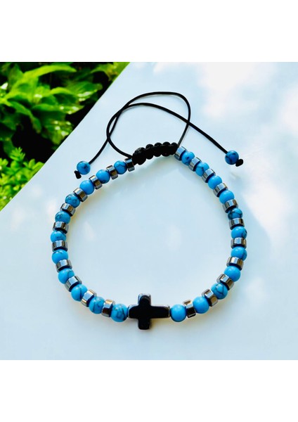 Akik Doğaltaşlı Hematit Taşlı Ayarlanabilir Asansörlü Ipli Haç Bileklik