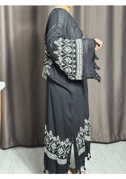 Siyah Renkli Desenli Uzun Kaftan – Pamuklu Püsküllü Plaj ve Günlük Kimono