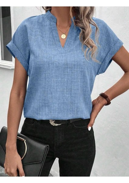 Rengastyle Kadın V Yaka Sofya Keten Kumaş Tişört (Renkli)