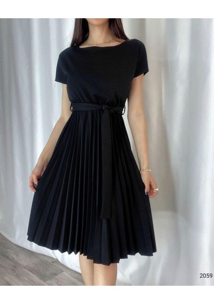 Rengastyle Eteği Pileli Beli Kuşaklı Krep Kumaş Elbise (Renkli)