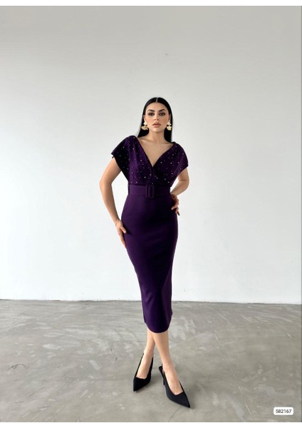 Rengastyle Kadın Kemerli Inci Detay Dalgıç Kumaş Abiye Elbise (Renkli)