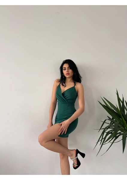 Rengastyle Kadın Askılı Sırt Çapraz Detay Kısa Yırtmaçlı Mini Krep Kumaş Elbise (Renkli)