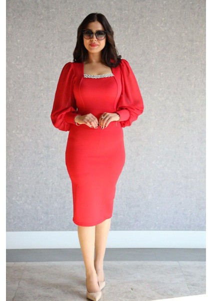 Rengastyle Kadın U Yaka Kolları Tül Yaka Taş Detay Abiye Elbise (Renkli)