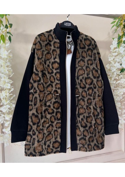 Rengastyle Kadın Leopar Garnili Bağcıklı Yönlü Dokuma Kumaş Fermuarlı Ceket