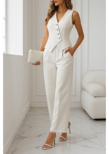 Rengastyle Kadın Çapraz V Yaka Düğme Atlas Kumaş Yelek ve Pantolon Ikili Takım