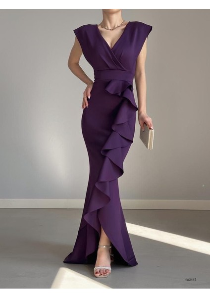 Rengastyle Kadın Scuba Dalgıç Kumaş Kruvaze Yaka Eteği Volanlı Abiye Elbise (Renkli)