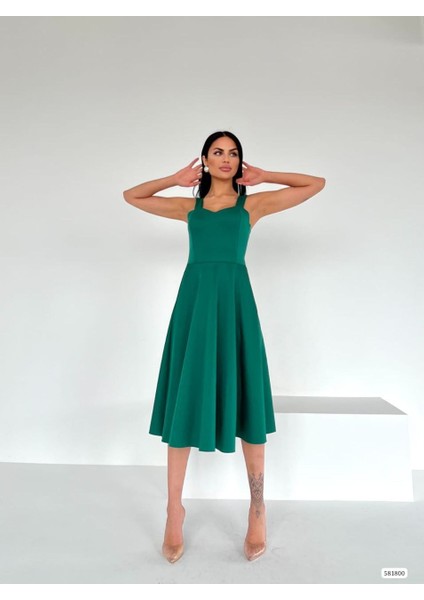 Rengastyle Kadın Kalın Askılı Scuba Kumaş Kloş Elbise (Renkli)