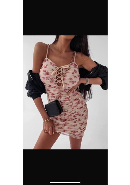 Rengastyle Kadın Askılı Göğsü Bağcıklı Multi Şifon Dijital Baskı Elbise (Renkli)