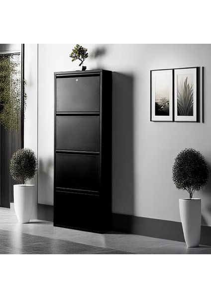 Kilitli 4'lü Metal Ayakkabılık Siyah