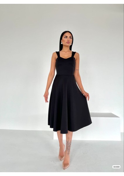 Rengastyle Kadın Kalın Askılı Scuba Kumaş Kloş Elbise (Renkli)