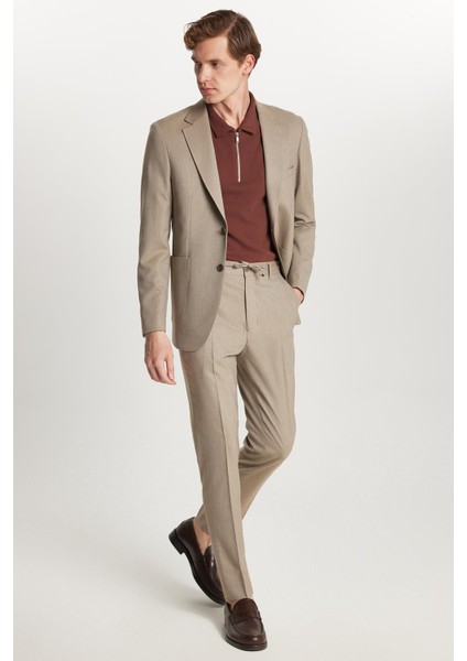 Erkek Regular Fit Vizon Esnek Likralı Kumaş Mono Yaka Torba Cepli Takım Elbise