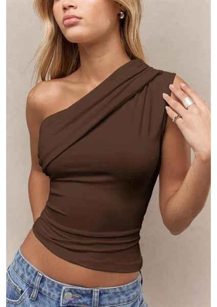 Kadın Tek Omuz Açık ve Yanı Büzgülü Crop-Bluz