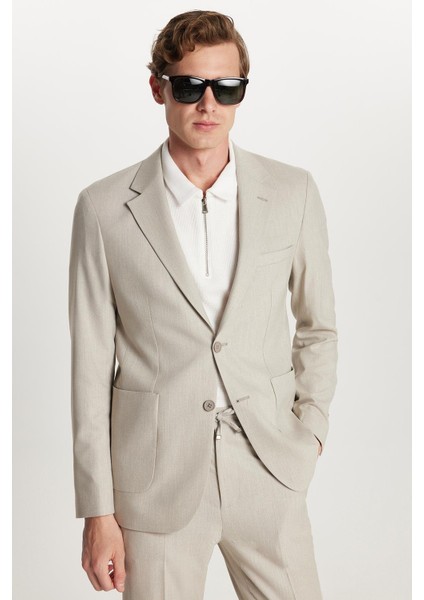 Erkek Regular Fit Bej Esnek Likralı Kumaş Mono Yaka Torba Cepli Takım Elbise modelleri