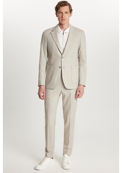 Erkek Regular Fit Bej Esnek Likralı Kumaş Mono Yaka Torba Cepli Takım Elbise indirimleri