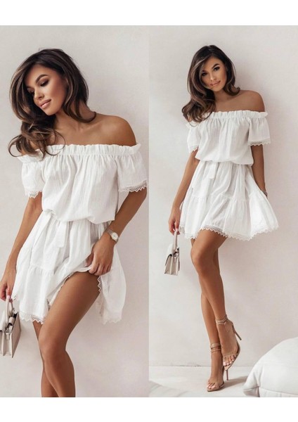 Rengastyle Kadın Madonna Yaka Kol ve Etek Ucu Dantel Detay Ayrobin Kumaş Elbise (Renkli)