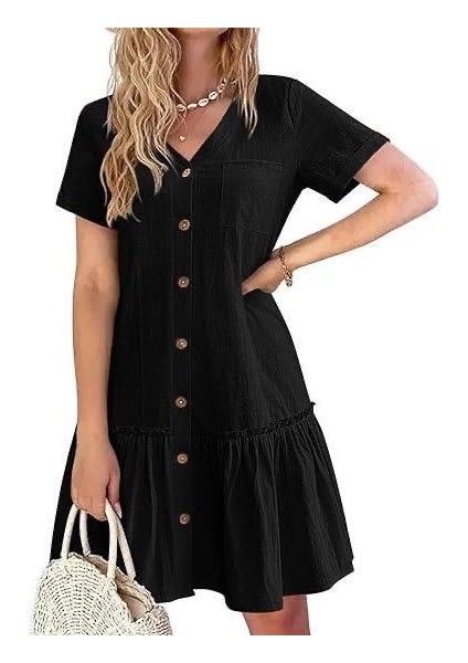 Rengastyle Kadın V Yaka Cep Detaylı Düğmeli Sofya Keten Kumaş Elbise (Renkli)