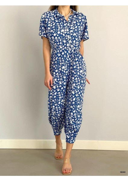 Rengastyle Kadın Düğme Detaylı Dokuma Viskon Kumaş Tulum (Renkli)