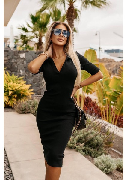 Rengastyle Kadın V Yaka Kısa Kol Kaşkorse Elbise (Renkli)