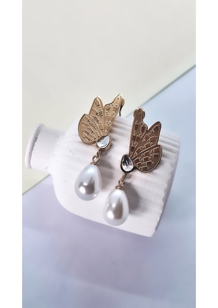 Kanat Figürlü Incili Gold Çelik Küpe modelleri