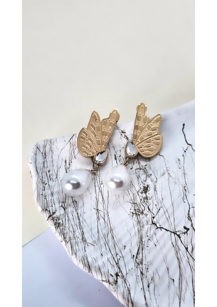 Kanat Figürlü Incili Gold Çelik Küpe indirimleri