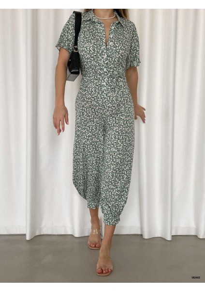 Rengastyle Kadın Düğme Detaylı Dokuma Viskon Kumaş Tulum (Renkli)