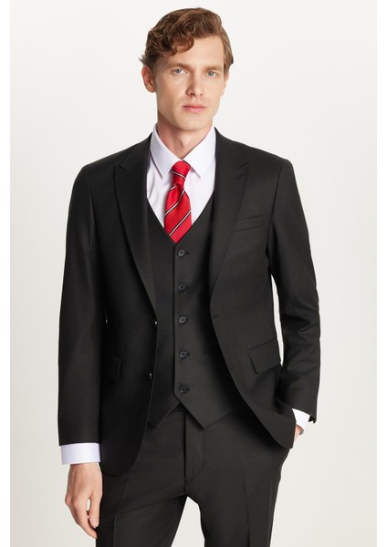 Erkek Slim Fit Siyah Esnek Likralı kumaş Sivri Yaka Yelekli Takım Elbise