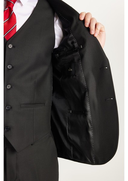 Erkek Slim Fit Siyah Esnek Likralı kumaş Sivri Yaka Yelekli Takım Elbise fırsatları