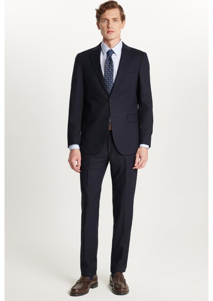 Erkek Slim Fit Mono Yaka Likralı Esnek Kumaş Lacivert Takım Elbise