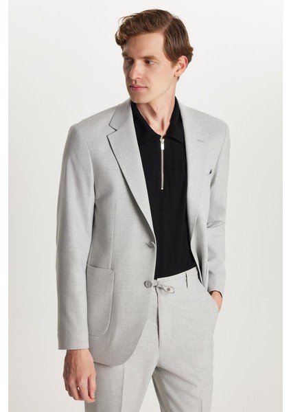 Erkek Regular Fit Gri Esnek Likralı Kumaş Mono Yaka Torba Cepli Takım Elbise modelleri