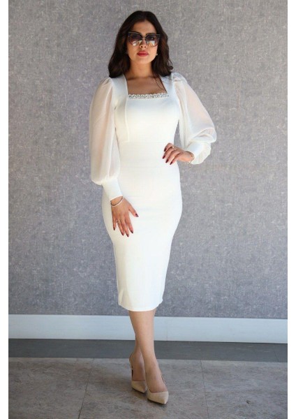 Rengastyle Kadın U Yaka Kolları Tül Yaka Taş Detay Abiye Elbise (Renkli)