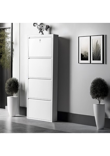 Kilitli 4'lü Metal Ayakkabılık Beyaz