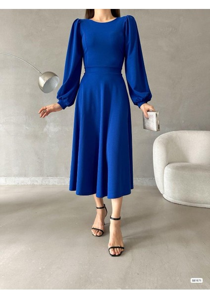 Rengastyle Kadın Balon Kol Etek Detay Ithal Krep Kumaş Elbise (Renkli)