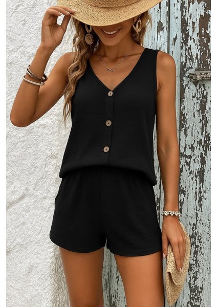 Rengastyle Kadın V Yaka Askılı Düğmeli Bluz ve Şort Bürümcük Kumaş Ikili Takım