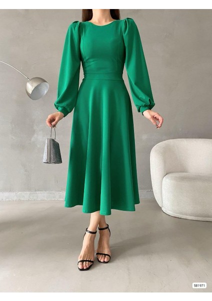 Rengastyle Kadın Balon Kol Etek Detay Ithal Krep Kumaş Elbise (Renkli)