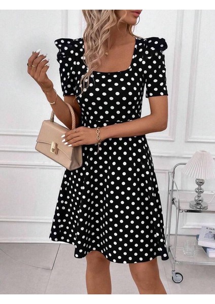 Rengastyle Kadın Balon Kol Krep Kumaş Puantiyeli Elbise