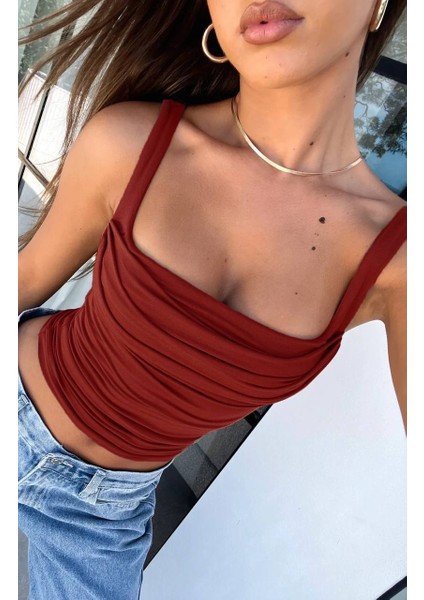 Kadın Kare Yaka Önü Büzgülü Crop Bluz