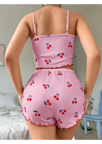 Kirazlı Şortlu 2'li Gecelik Takım Seti