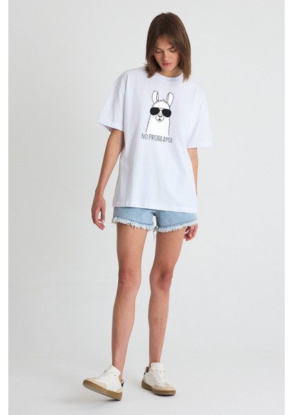 No Probllama Yazılı Lama Karikatür Baskılı Oversize Pamuklu Beyaz Unisex T-Shirt