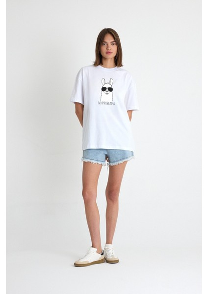 No Probllama Yazılı Lama Karikatür Baskılı Oversize Pamuklu Beyaz Unisex T-Shirt modelleri